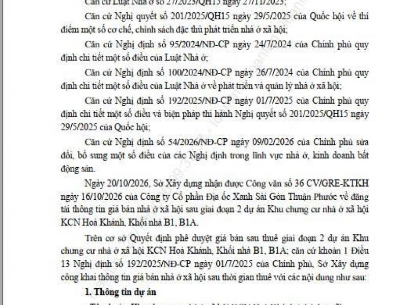 CÔNG BỐ CÔNG KHAI GIÁ BÁN B1-B1A SAU THỜI GIAN CHO THUÊ ĐỦ ĐIỀU KIỆN MỞ BÁN